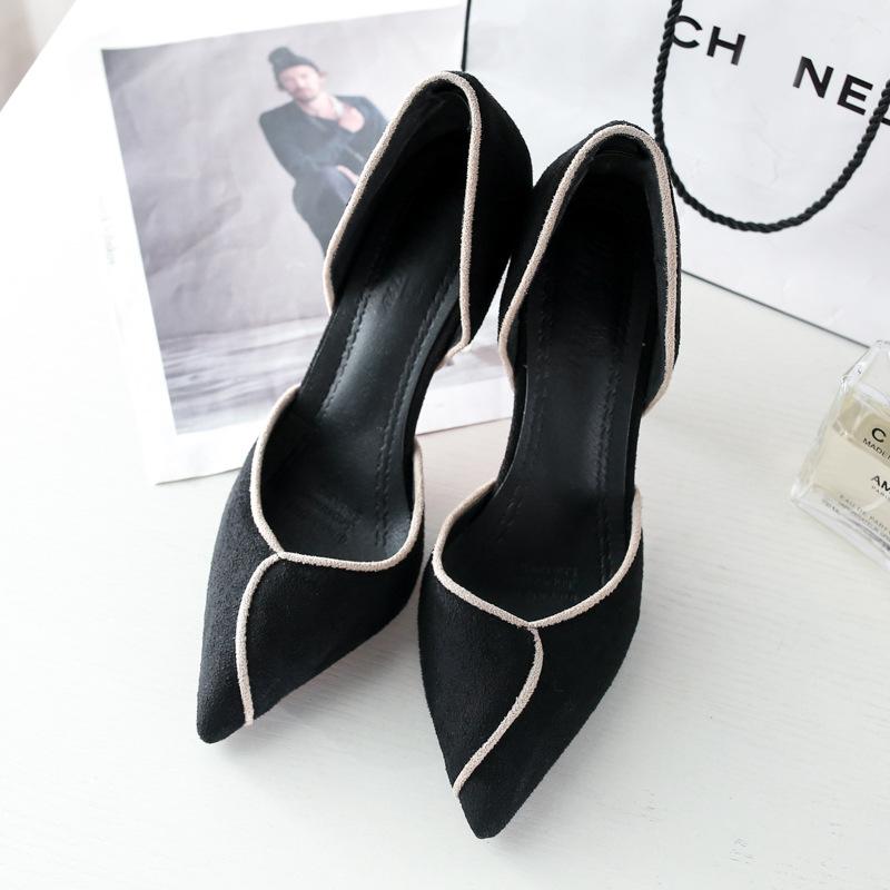 

2024 новые женские туфли-одиночки корейской моды с острыми полыми каблуками, летние сексуальные замшевые повседневные рабочие туфли sdc5 34 чёрный