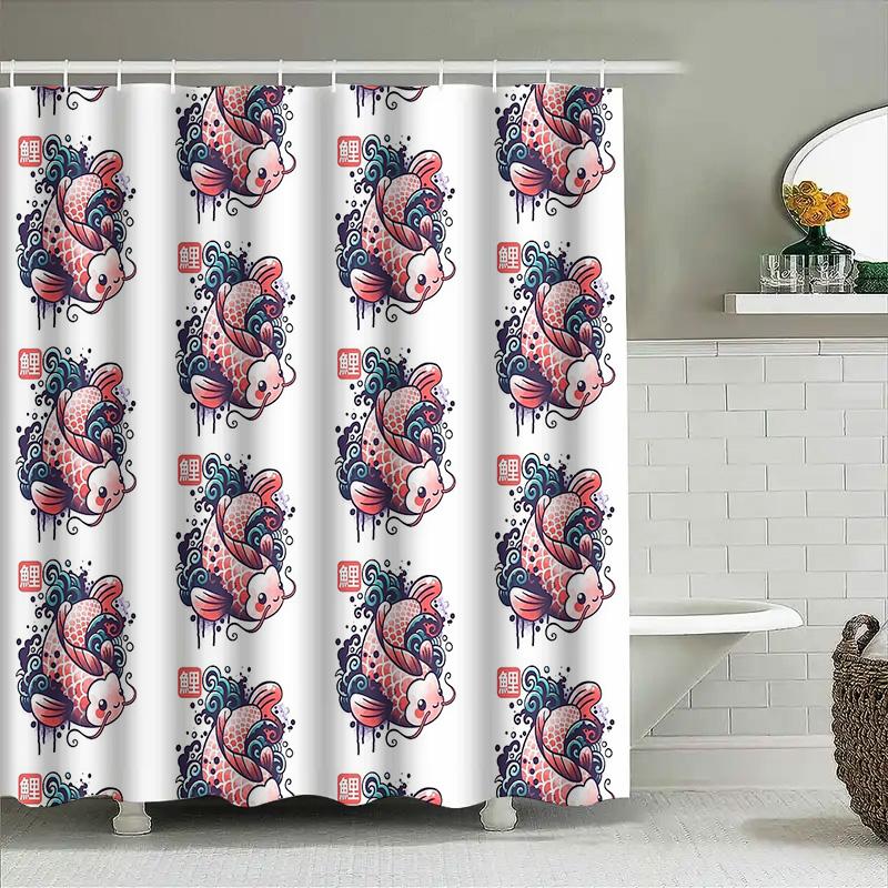 Unframed Japanese Koi Fish Shower Curtain Ocean Wave Pattern Bathroom Decor Waterproof Fabric Liner Vintage Artistic Home Textil