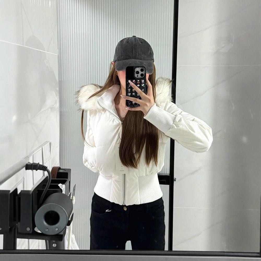 American pink fur collar hooded short cotton coat women's winter new slim fit thickened warm bread clothes cotton coat