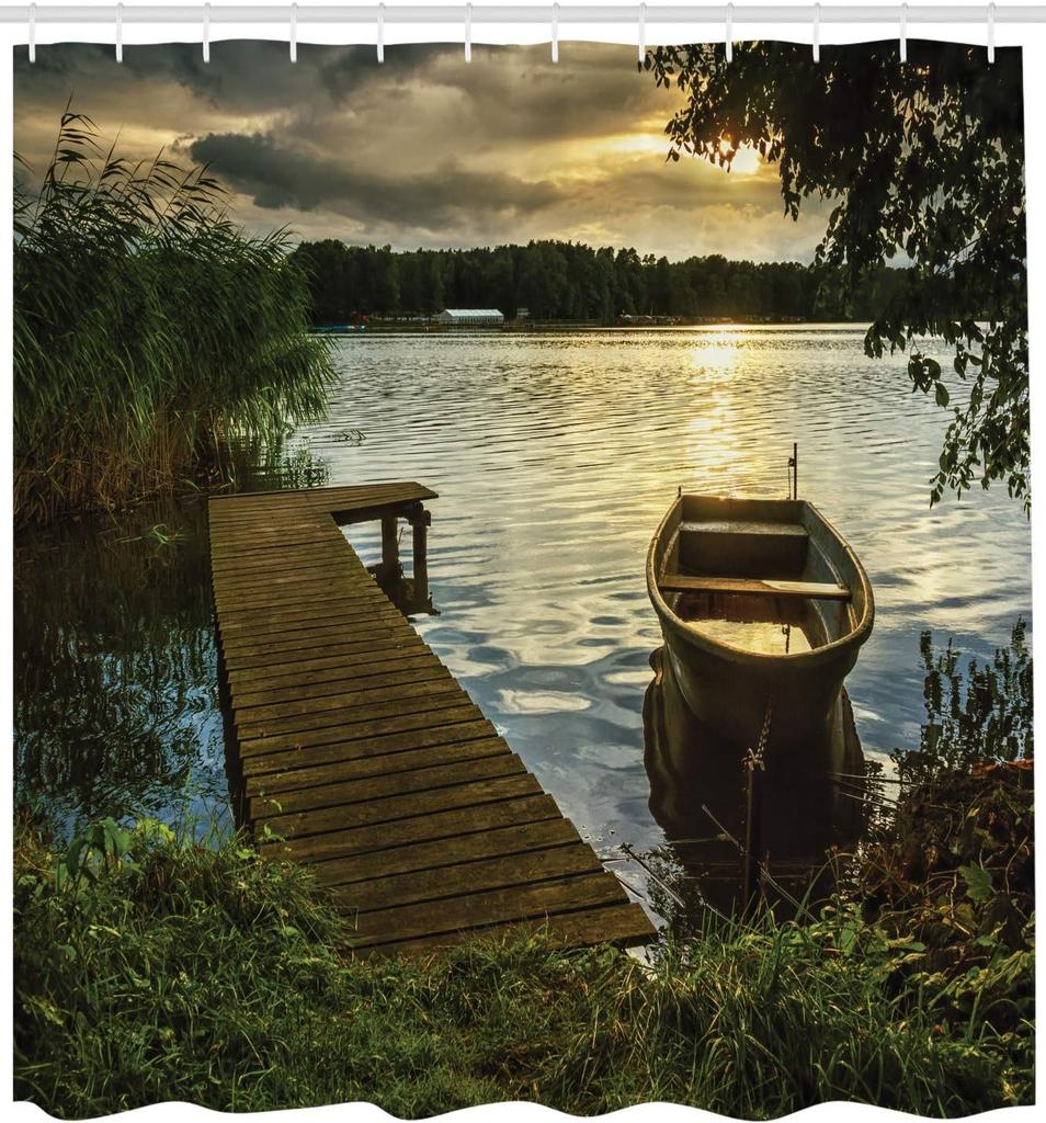 Lake Sunset Shower Curtain with Hooks – Wooden Dock & Rowboat, Golden Sunbeams, Romantic Evening Nature Scene