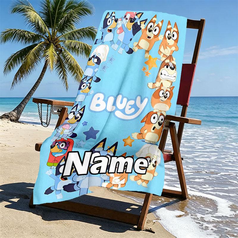 Custom Name Personalized Bluey Print Beach Towel, for Trip Camping Beach Party Home Decor, Birthday Gift for Family & Friends