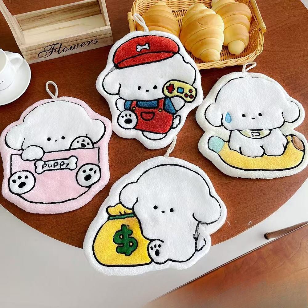 Cute Cartoon Dog Wall-hanging Thick and Super Absorbent Hand Towel Made of Coral Fleece, Small Square Towel for Kitchen and Bathroom