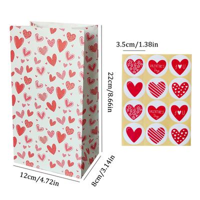 12 Sacs Cadeaux en Papier Kraft pour la Saint-Valentin avec Autocollants - Forme de Cœur, Rouge & Design, Parfaits pour Mariage, Fête, Cadeaux de Fête