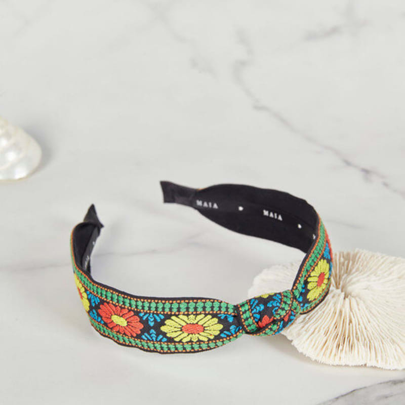 MAIA Grünes florales Jacquard-Haarband - Geknotet Orange Grün