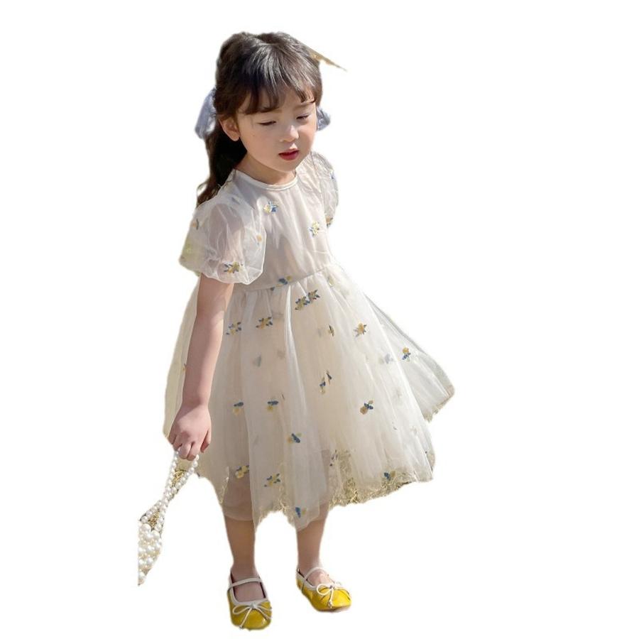 Girls Summer Embroidered Floral Cute Dress Girls Korean Style Princess Puff Net Lace Princess Dress