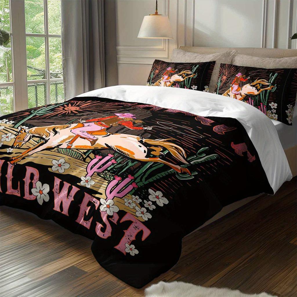 3Pcs Cowgirl Wild West Bedding Duvet Cover Set Wild West Bedding Quilt Set Bohemian Themed Bed Quilt Set Vintage Cowgirl
