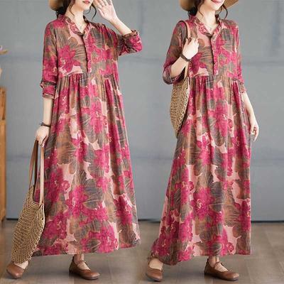 Printed Loose Belly Shading Mulle Lace Long Sleeve Hem Long Dresses