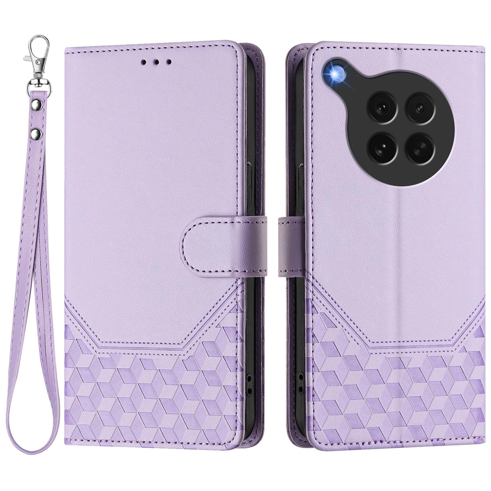 

For Oppo Find X8s 5G Case Imprinted Honeycomb RFID Blocking Leather Phone Cover with Strap Light Purple