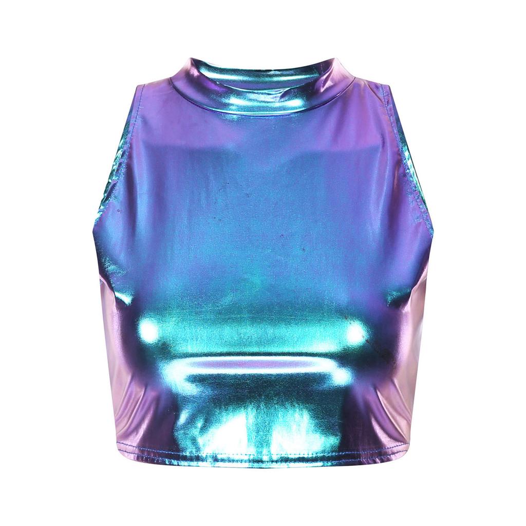 Womens Metallic Shiny Crop Tops Mock Neck Sleeveless Vest Stylish Slim Fitted Tank Top for Dance Nightclub Carnivals
