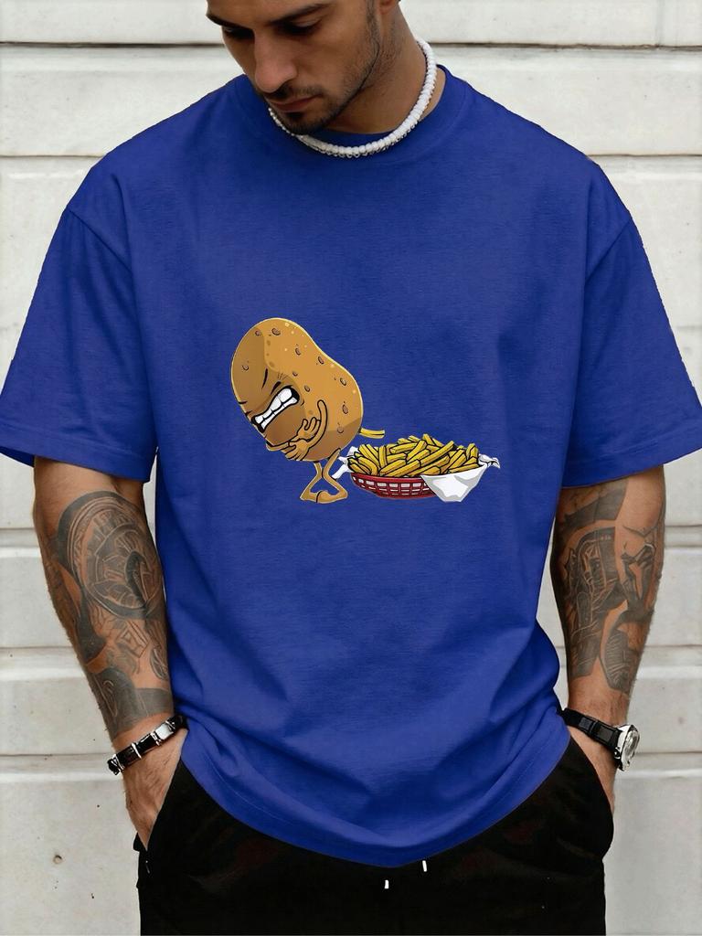 Unisexs Crew Neck Tee Funny Potato Making French Fries Cartoon Print Loose Dark Grey Street Casual Daily Summer Short Sleeve Top