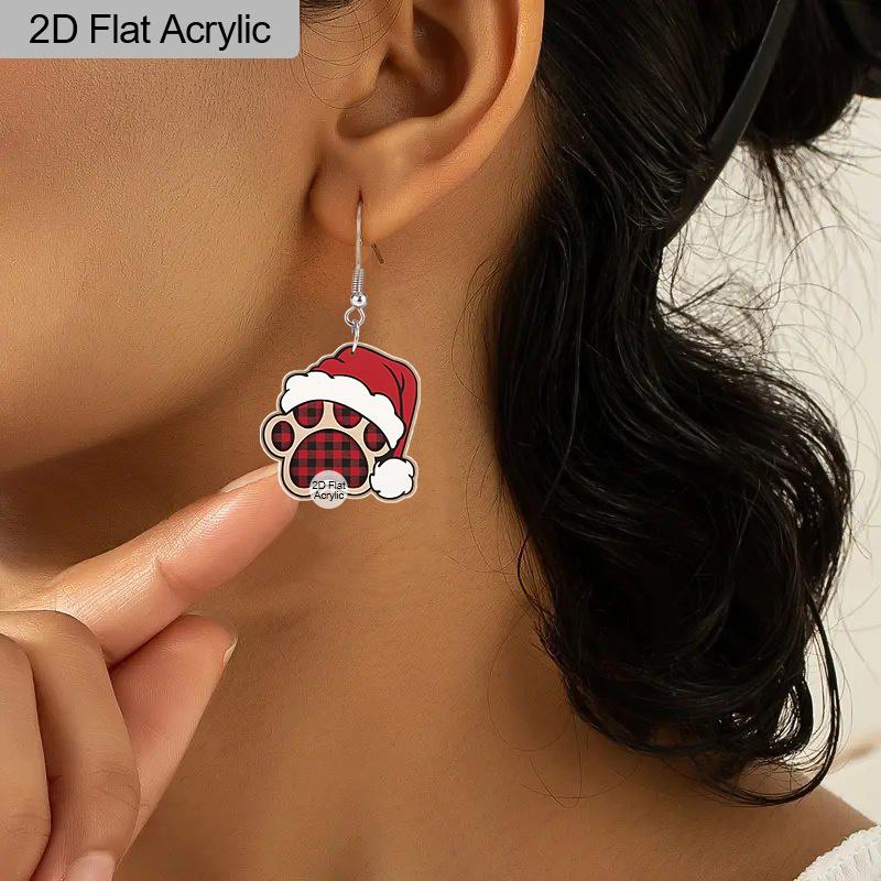 2D Flat 2pairs Y2K Christmas Hat Dog Paw Acrylic Dangle Earrings, Perfect Gift for Women, Christmas Party Jewelry