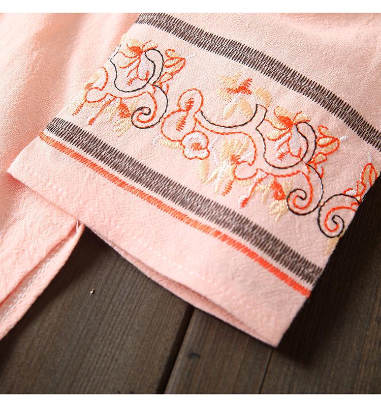 Women's Embroidered Loose Cotton Linen Blouse Cardigan - Tie-Up Spring/Summer Top
