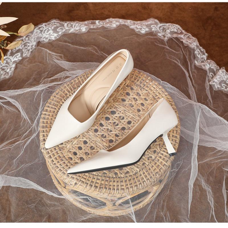 Women's Pointed Toe High Heels French Style Chunky Heel Spring White Shoes Comfortable Elegant Slip-On