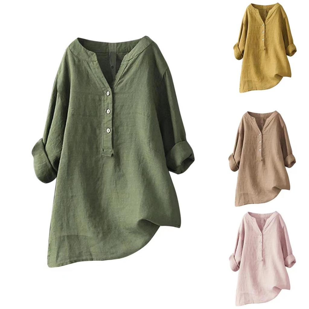 Women's Solid Color Long Sleeve Shirt with Stand Up Collar Casual Loose Blouse Button Down Tops