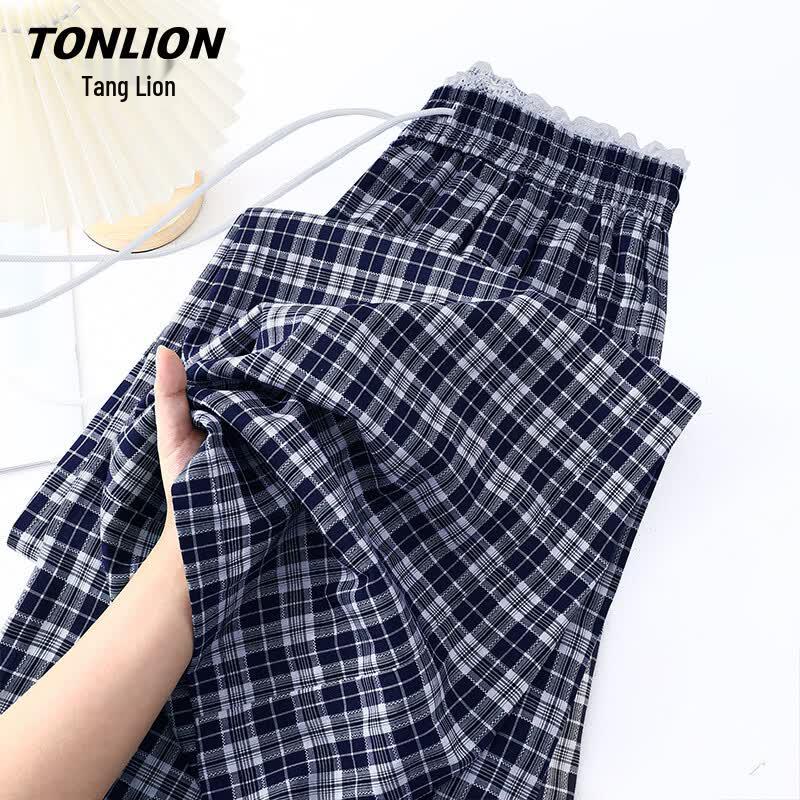 TonLion Women s Plaid Relaxed-Fit Straight-Leg Drawstring Pants S