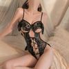 Women Erotic Lace Teddy Bodysuit Underwire Cutout Bust Front Lace Up High Cut One Piece Lingerie