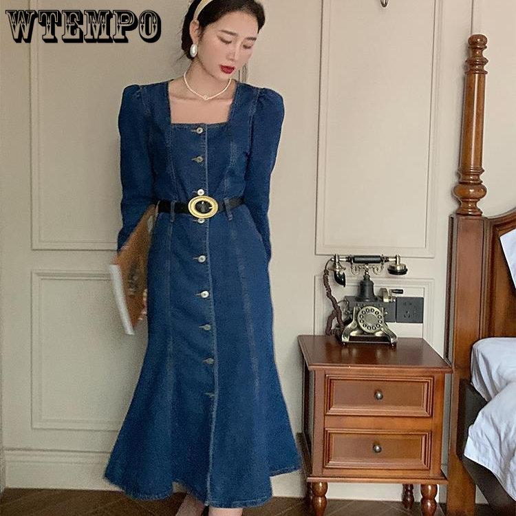 2023 Retro Square Neck Bubble Sleeve Denim Kleid Weiblichen Frühling Chic Langarm Hohe Taille Einfarbig Denim Fischschwanz Kleider