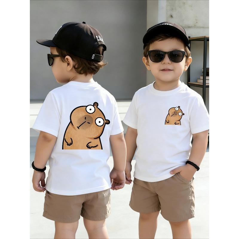 Kids Spring Summer Crewneck Tee, 100% Cotton Double-Sided Capybara Print 110 белый