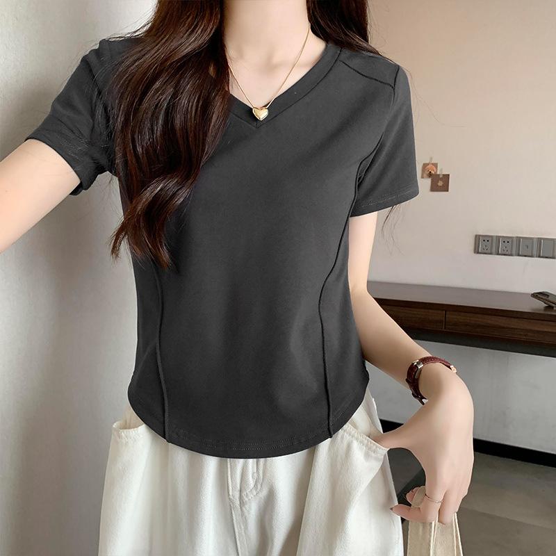 Korean Version of Irregular Hem Slim Fit Inside V-neck Short-sleeved T-shirt for Women In Summer Waist-hugging Base Shirt Pure Short Top