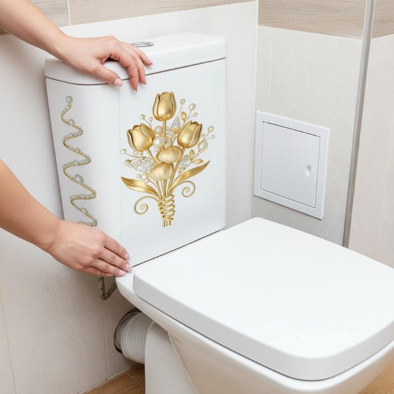 2 Sheets Bathroom Wall Background Decal Gold Flower Pearl Waterproof Toilt Sticker Home Decoration Self-adhesive Posters