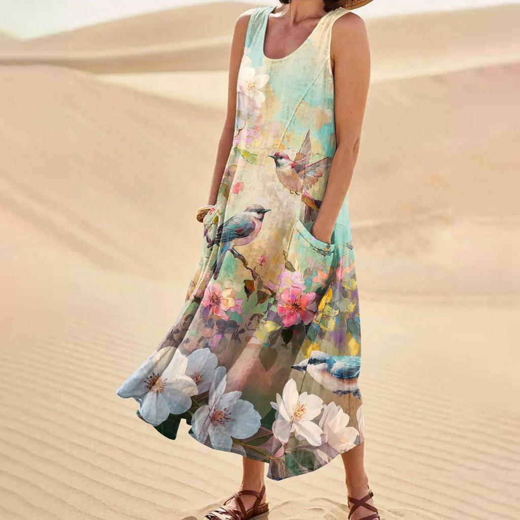 Women's Casual Fashion Flower Printed Sleeveless Pocket Dress