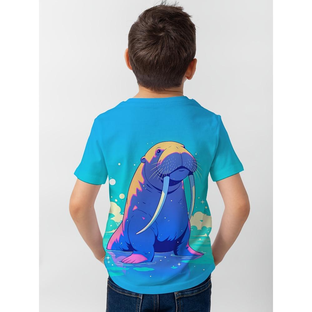 New Boys' 3D Digital Print T-Shirt, Wave/Shark/Sea Lion Design, Short-Sleeve Breathable, Perfect for Outdoor Activities Hot Sale
