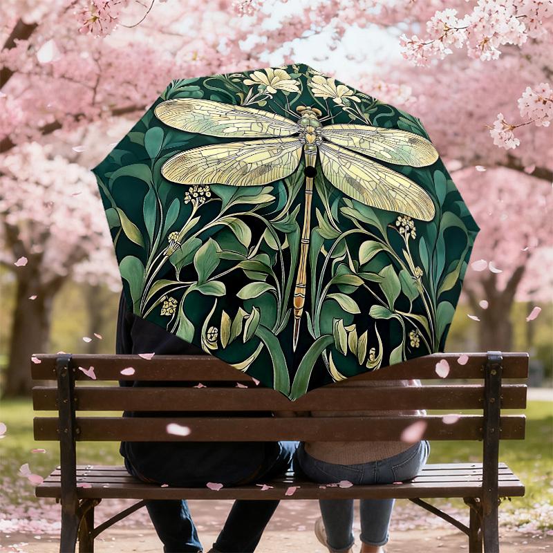 1pc Dragonfly Floral Automatic Open/Close Umbrella with Windproof, 8-Rib Sturdy Canopy, Durable Ribs, Fashionable Design1257A