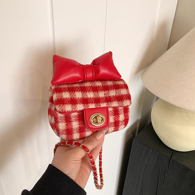 Stylish Color-block Woven Bag For Women 2023 New Winter Fashion Small Square Bag Red Bow
