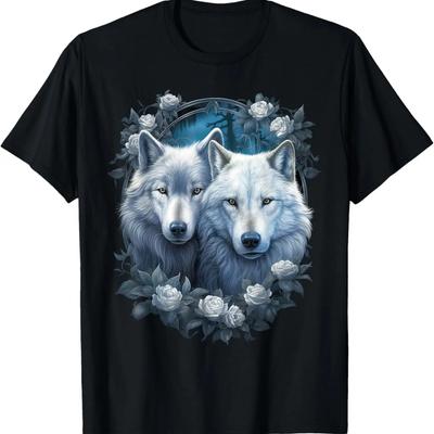Wolf Wolves with White Roses Fantasy Art Wildlife T-Shirt