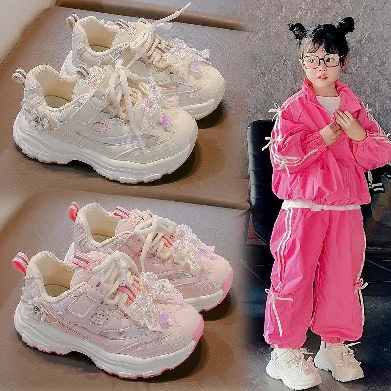 Mädchen Sneakers mit Mesh-Schleife Kinder Prinzessin Schuhe Dicke Weiche Sohle 2025 Neue Mode Kinder Laufschuhe Air Mesh Atmungsaktiv