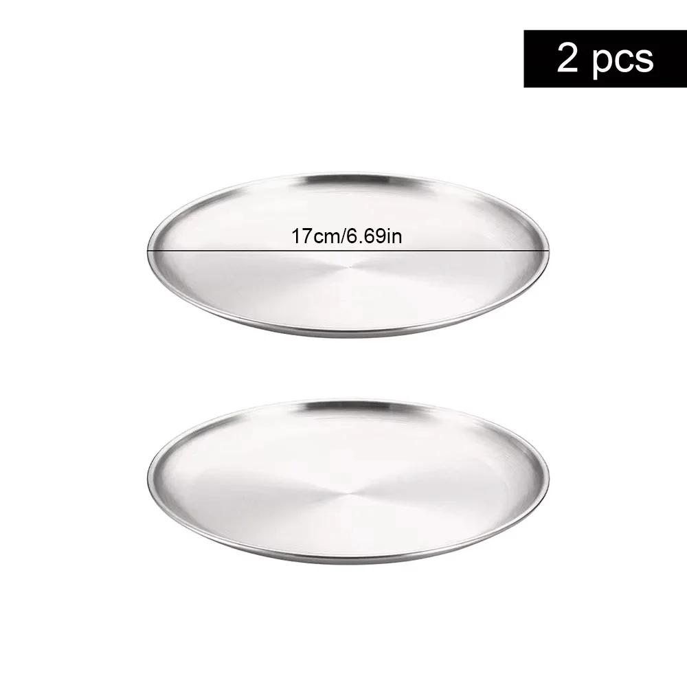 2Pcs Round Dining Stainless Steel Metal Disc Bone Spitting Dish High Quality Shallow Tray Silver BBQ Disc Kitchen Plate