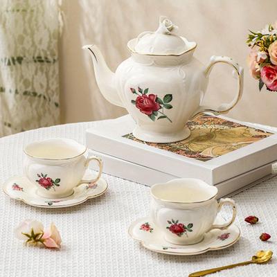 1 Set Tea Set Baroque Rose Tea Set Ceramic Teapot Portable Handmade Teapot Creative Tea Cup With Saucers Tea Set For Office Living Room Travel Camping