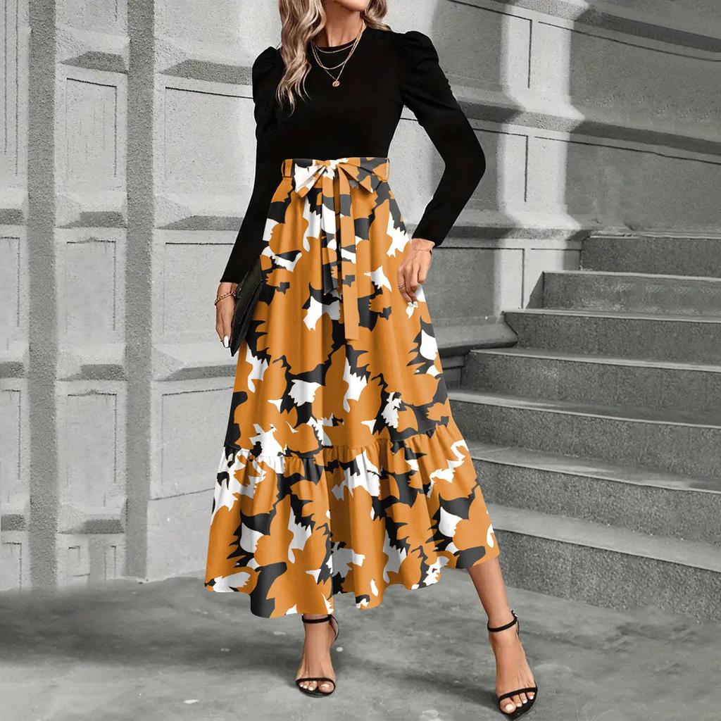 Women's Floral Print High Waist Fashionable And Elegant Dress