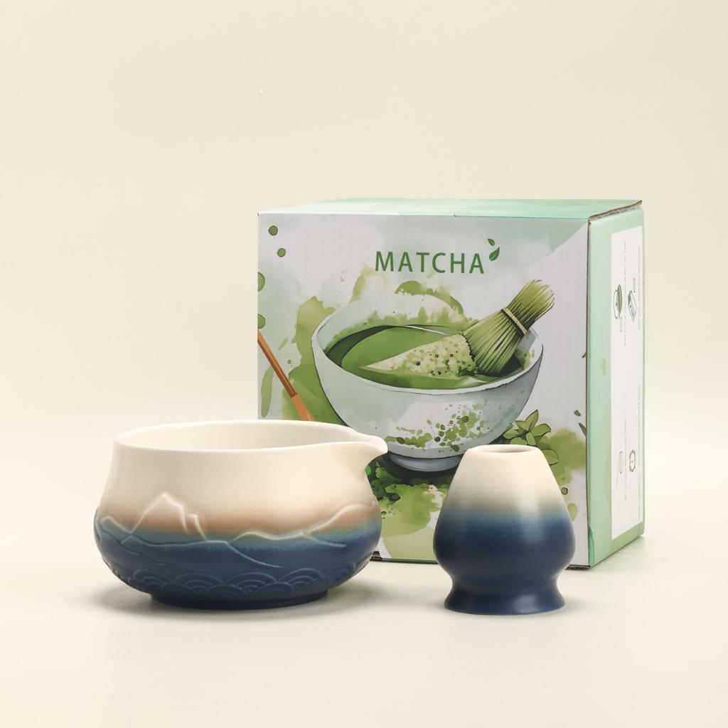 2PCS Matcha Set Premium Ceramic Embossed Matcha Bowl Whisk Spout Drinkware Matcha Accessory Kit