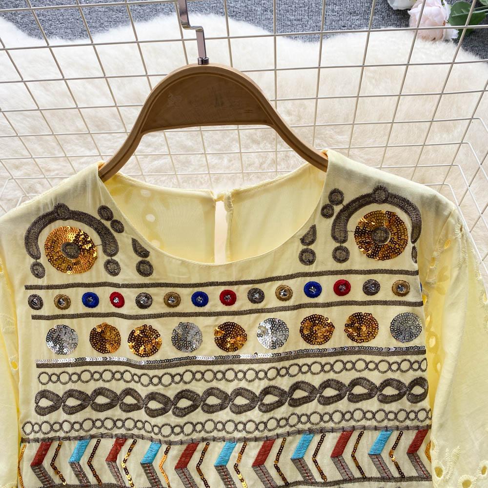 RUGOD French Retro Ethnic Embroidered Round Neck Flared Sleeve Dress Women's Loose Temperament All-match A-line Long Dress