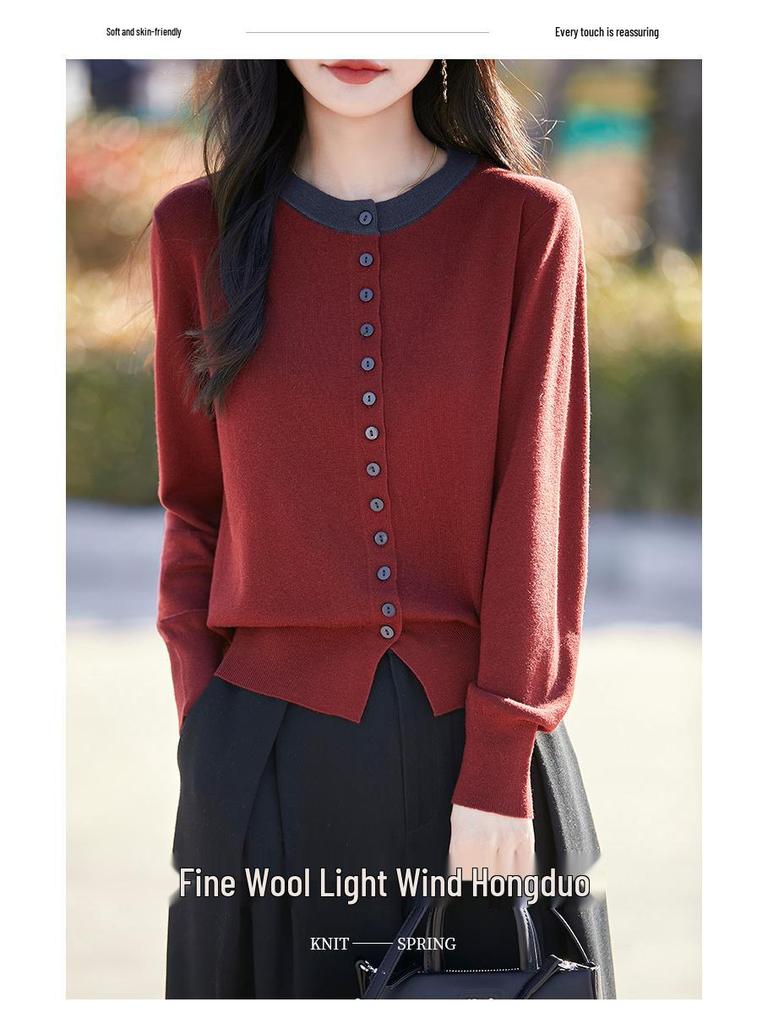 Rundhals Colorblock Strick-Cardigan - Damen Kurzpullover für Frühling & Herbst