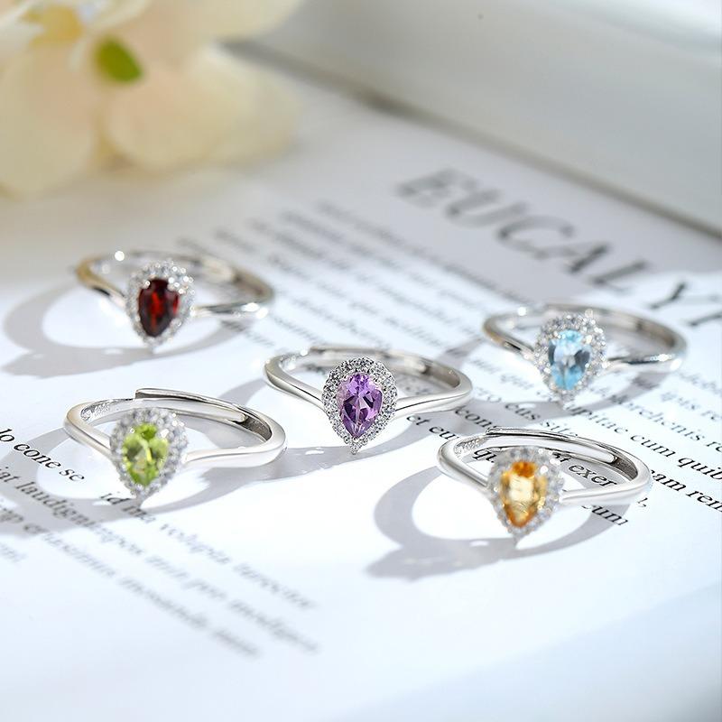 Classic S925 Sterling Silver Ring, Oval Natural Crystal & CZ Adjustable Band for Ladies