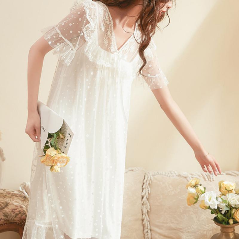 Síťované pyžamo Dámské s výstřihem do V Korejský Vintage Krajkový Elegantní Princezna noční košile s krátkým rukávem Domácí oblečení Midi šaty