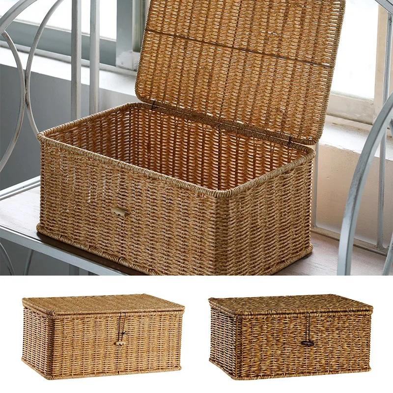 Large Storage Basket Rattan Woven Storage Box with Lid Stackable Sundries  Basket Storage Organizer Toy Container Orgainzation