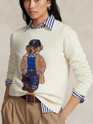 RL Little Pony Classic Polo: Retro Handmade Embroidered Bear & Flower Knitted Women's Sweater