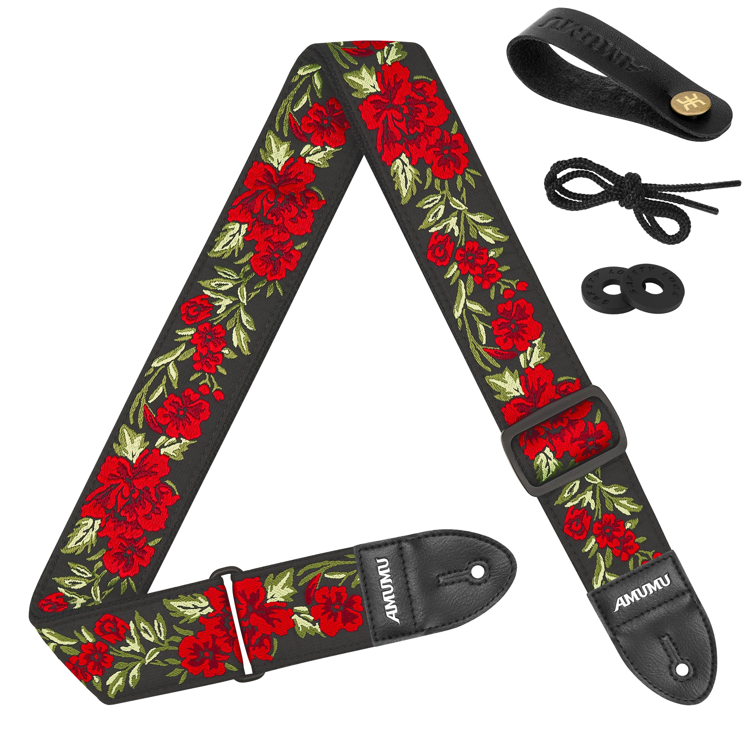 AMUMU Broderie Trandafir Chitară Bumbac Broderie Trandafir Roșu Chitară 5cm cu Piele Microfibră pentru Chitară Acustică Electrică și Bas Curea cu Lungime Reglabilă, - red