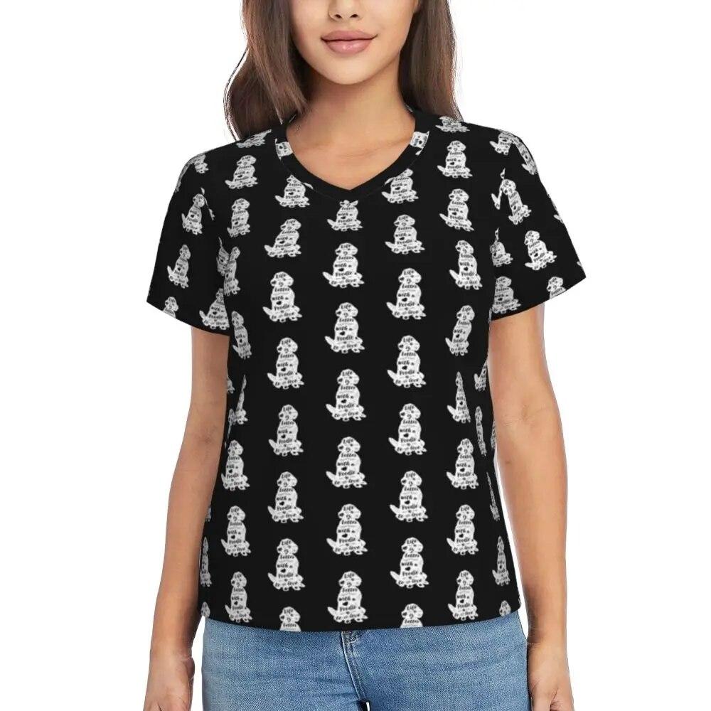 Cute Poodle Print T-Shirts Life Is Better V Neck Fashion Oversized T-Shirt Short Sleeve Woman Aesthetic Tshirt Design Top Tees