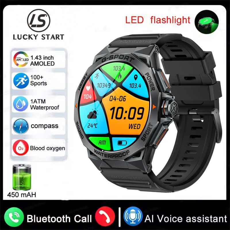 AMOLED Smart Watch Men Outdoor Sports Fitness K62 400mAh Voice Assistant Dial Bluetooth Call Music Heart Rate Smartwatch