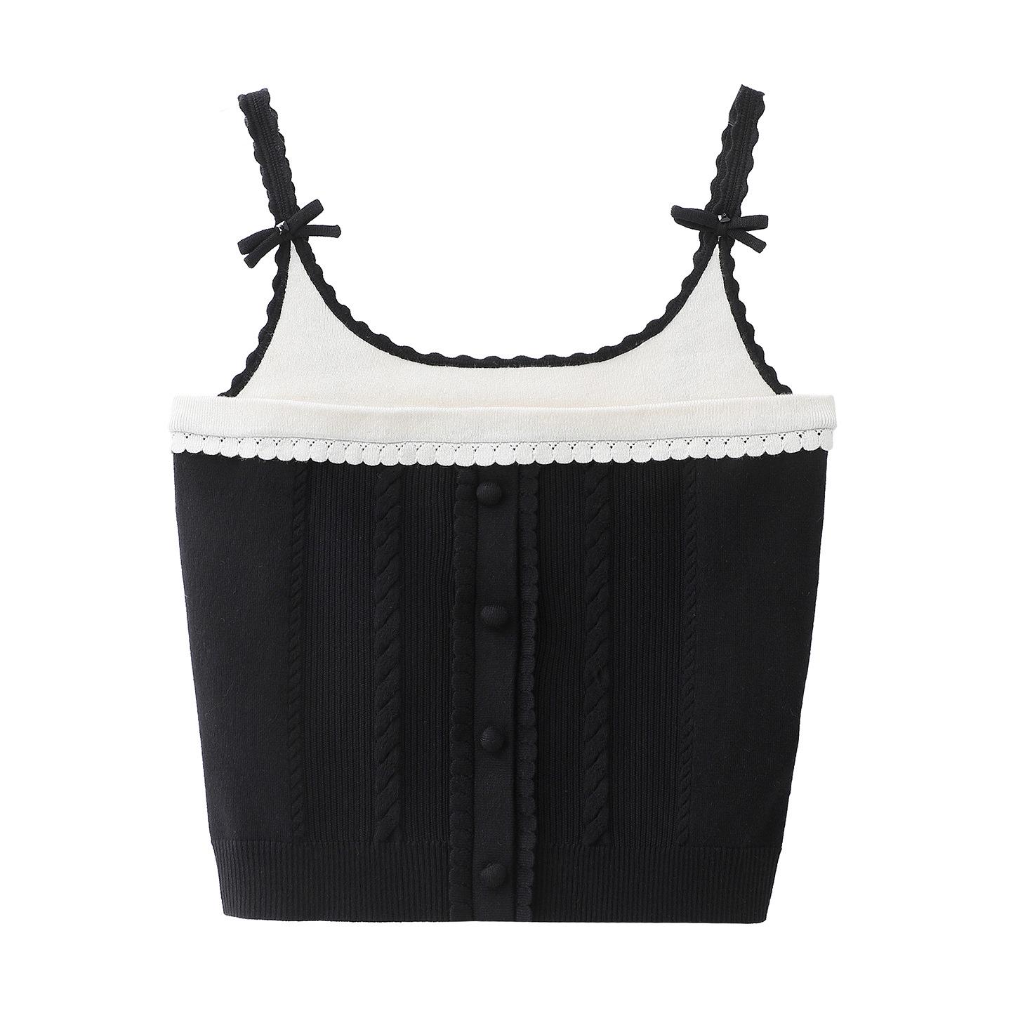 2026 Early Spring Fashion Lace Knit Black & White Color Block Camisole Top L чёрный