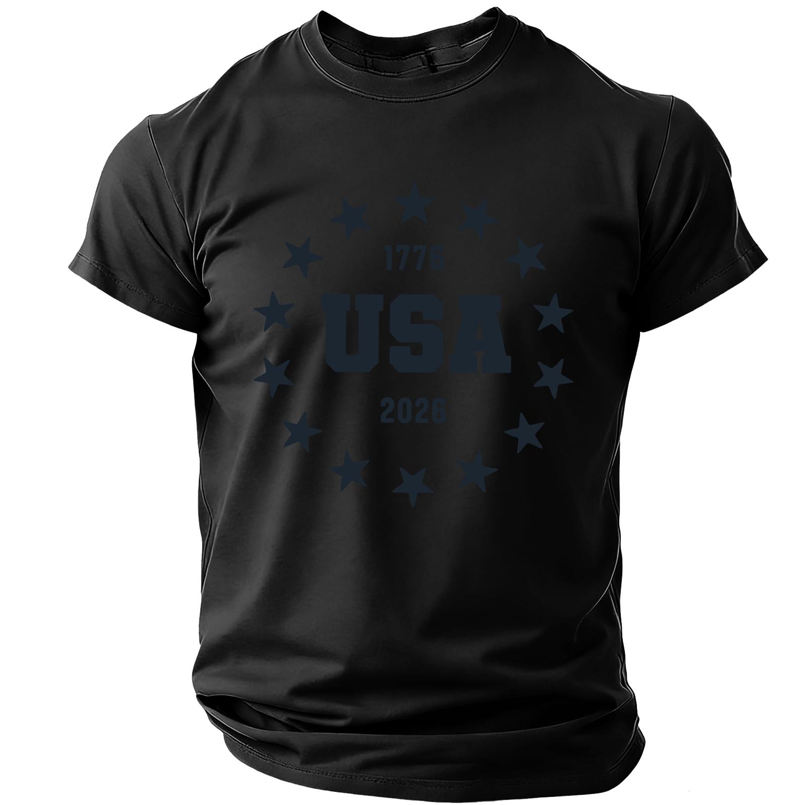 

Men s Casual Lightweight Breathable Short Sleeve Crew Neck T-Shirt with Printed Letter Design USA 1776-2026 Suitable for Everyday Wear XXL чёрный