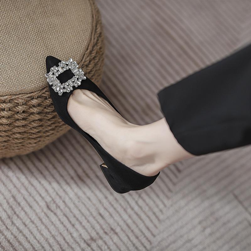 2024 Black Rhinestone Women's Work Shoes - Single, Medium-High Thick Heels, Soft Sole