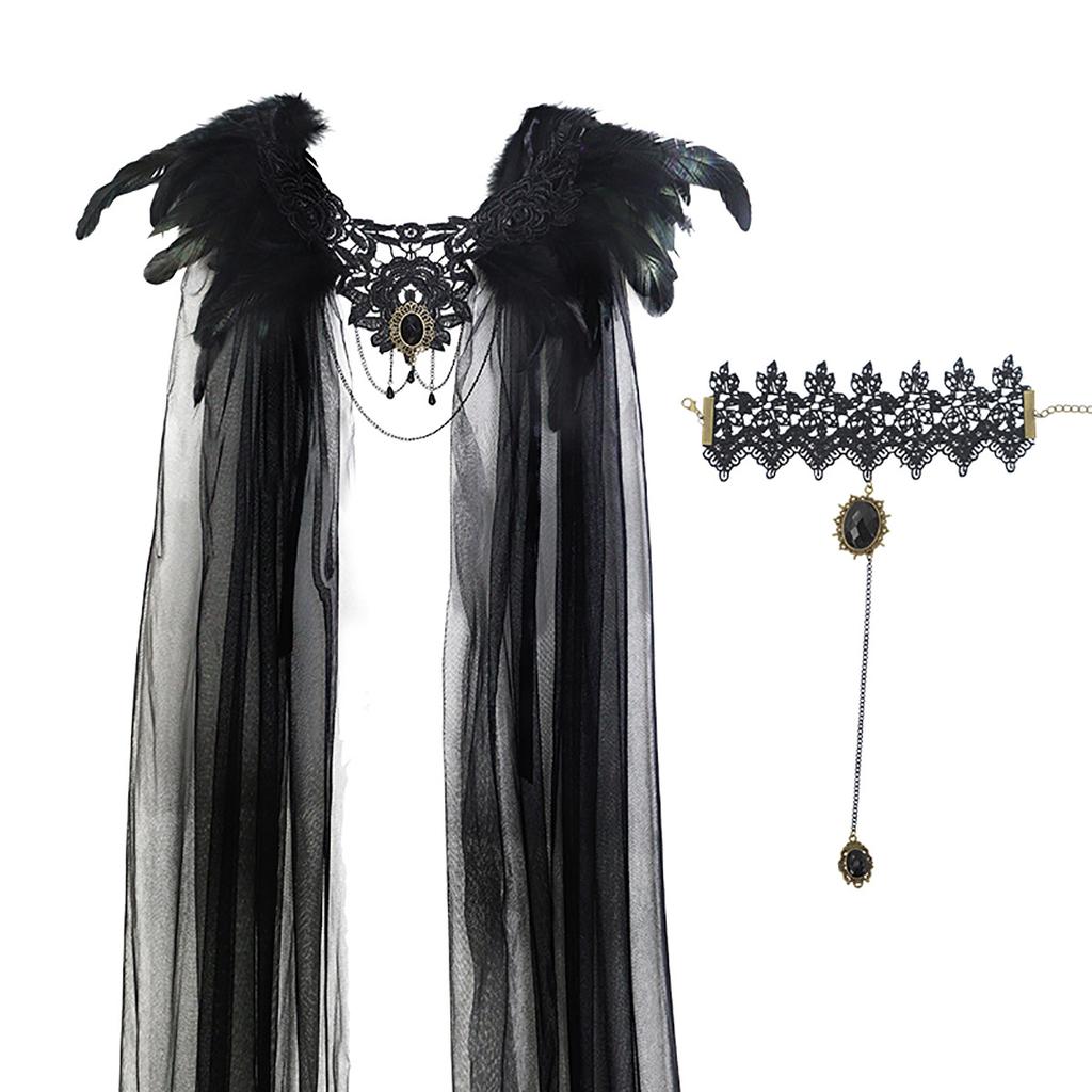 Halloween Cloak Black Feather Mesh Cloak Medium Dress Jewel Bracelet Stage Party Dance