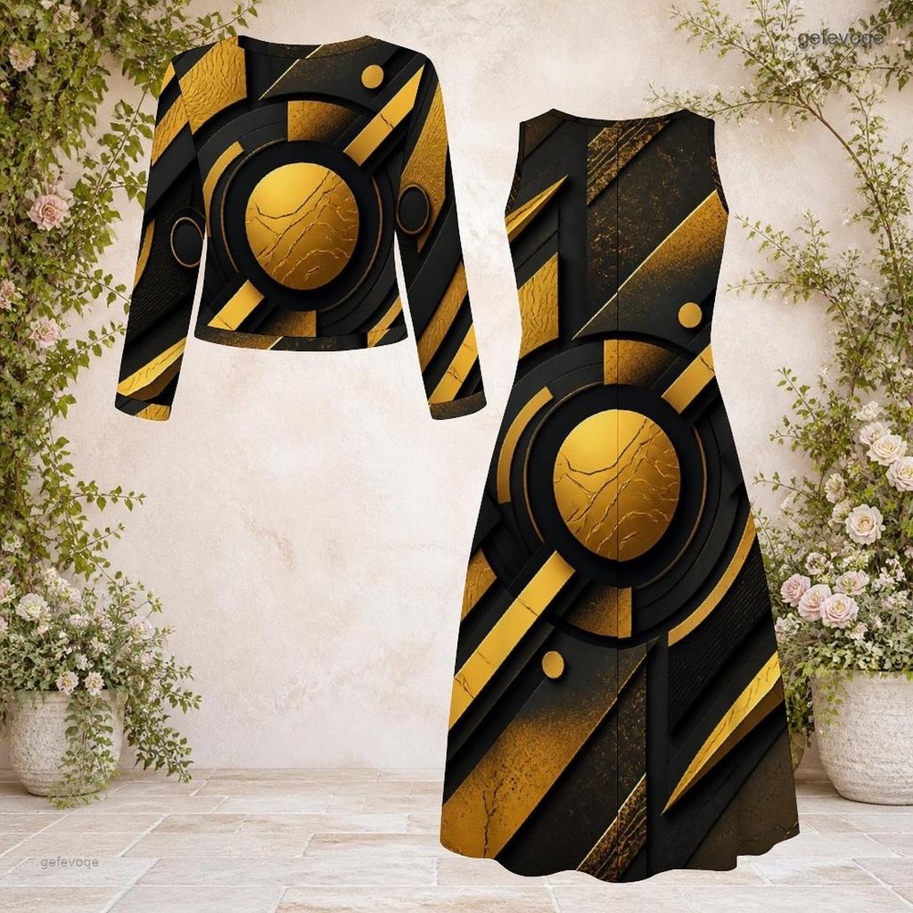 Women Plus Size Two Piece Dress Set Round Neck Long Sleeve Printed Dark Green Black With Pockets