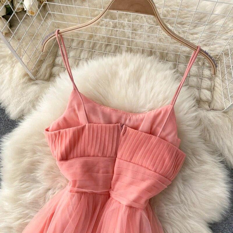 Sexy Mesh Strap One Piece Dress Women Sweet Ruffle A-Line Beach Party Dresses Female Fashion Solid Design Elegant Clothing 2024