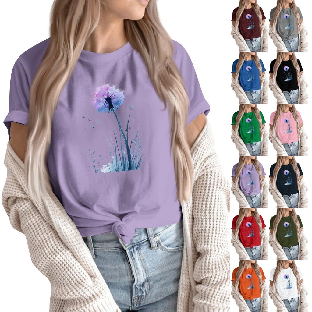 Women's Fashion Casual Printed Round Neck Short Sleeved Pullover T-Shirt Top